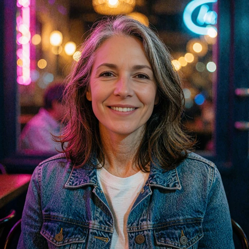 Woman with silver-streaked brunette hair in a denim jacket, representing an adult returning to dating after divorce