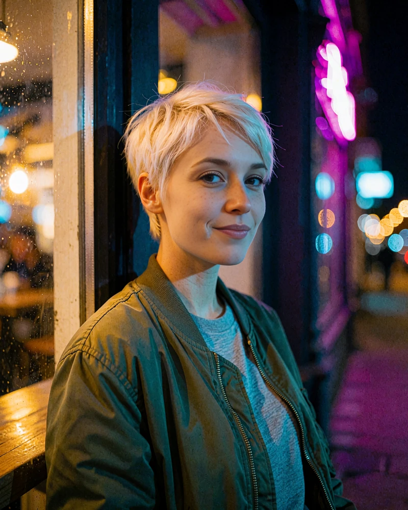 Woman with a platinum pixie cut and olive bomber jacket beside a glowing cafe window, illustrative swipe profile