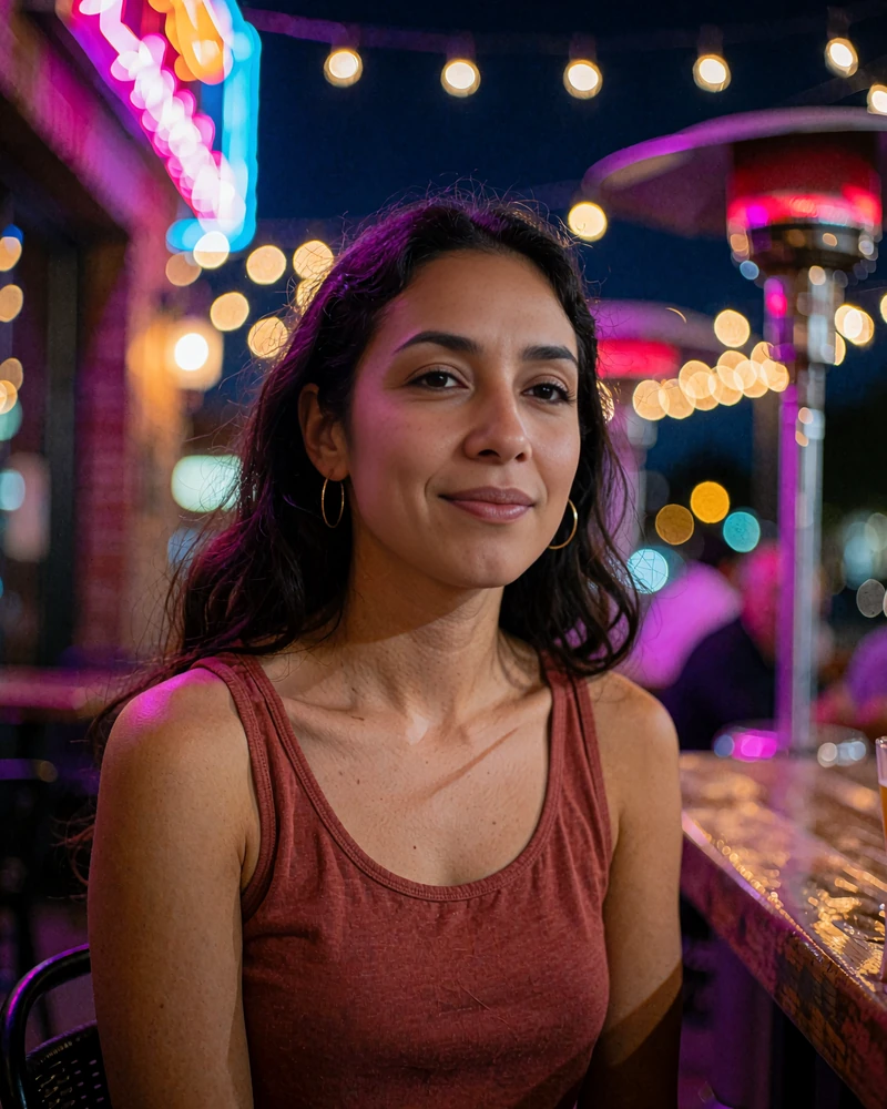 Smiling woman with dark wavy hair in a red tank top at a string-lit bar patio, sample dating profile photo