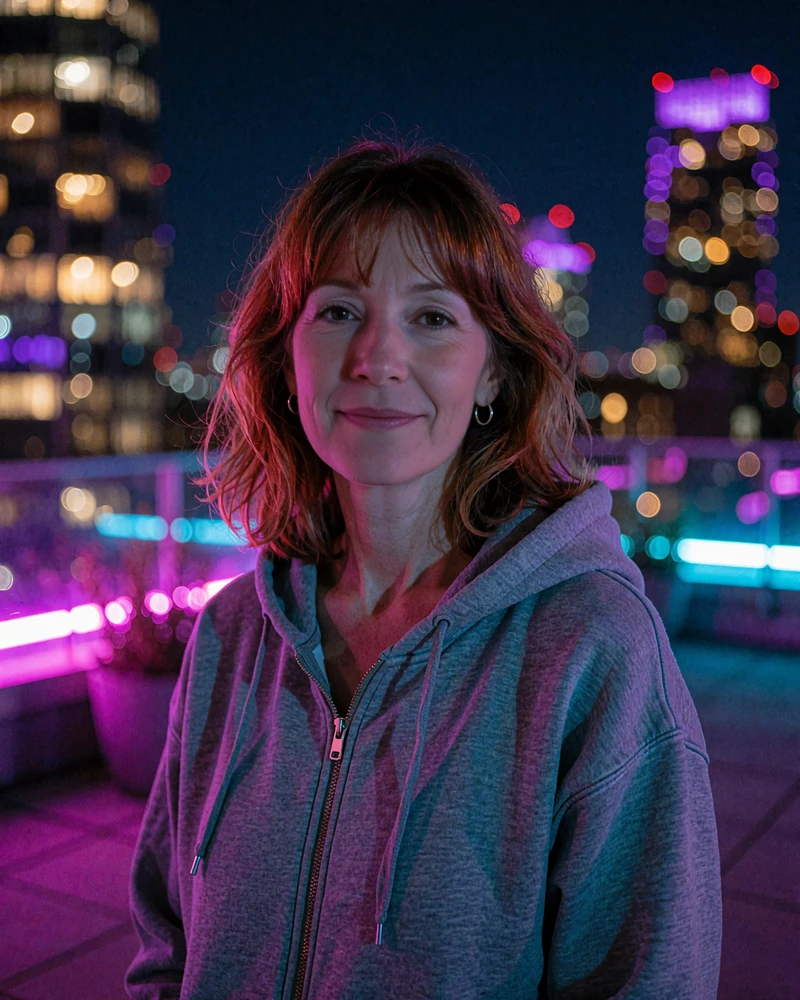 Woman around forty with auburn bangs and a grey hoodie on a rooftop terrace, sample profile for adults dating again