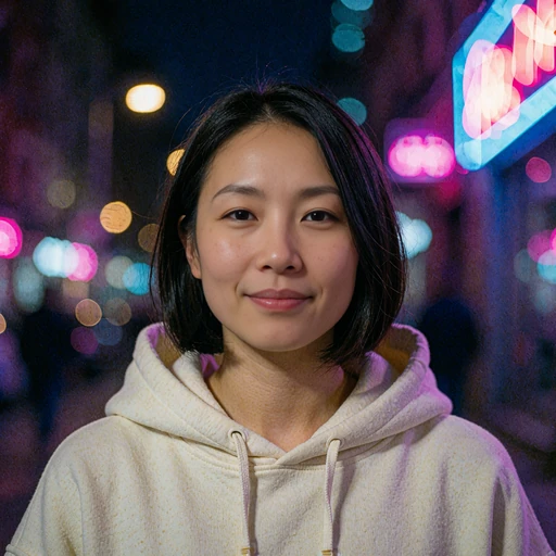 Woman with a sleek black bob in a cream hoodie, illustrating a busy night-shift professional seeking quick casual dates