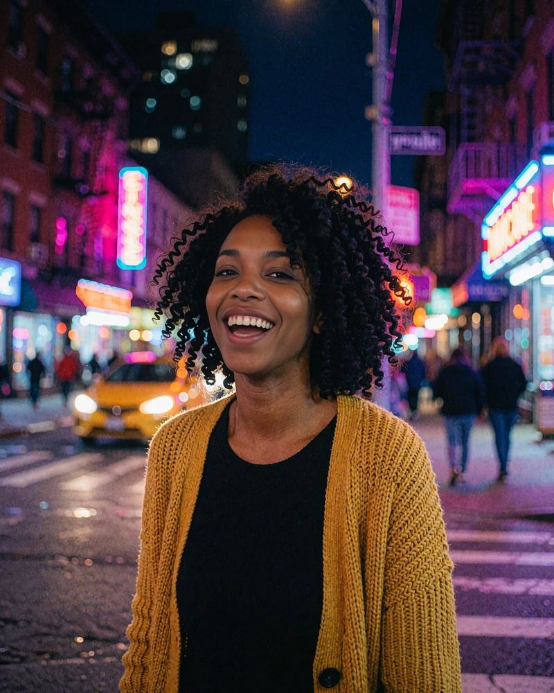 Laughing woman with natural curls in a mustard cardigan on a city street at night, example casual dating match card